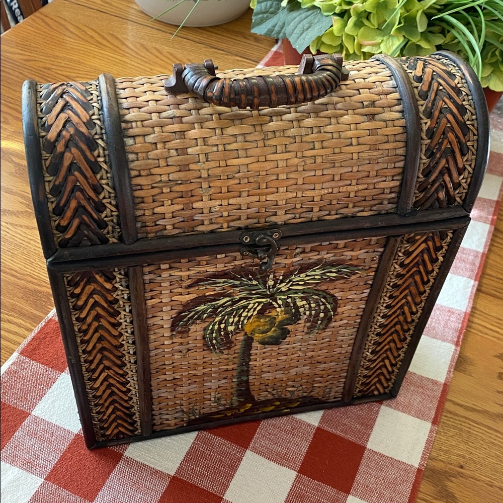 Vintage Rattan Woven (3) Wine Storage Brown Green Basket with Palm Tree 🌴 Design